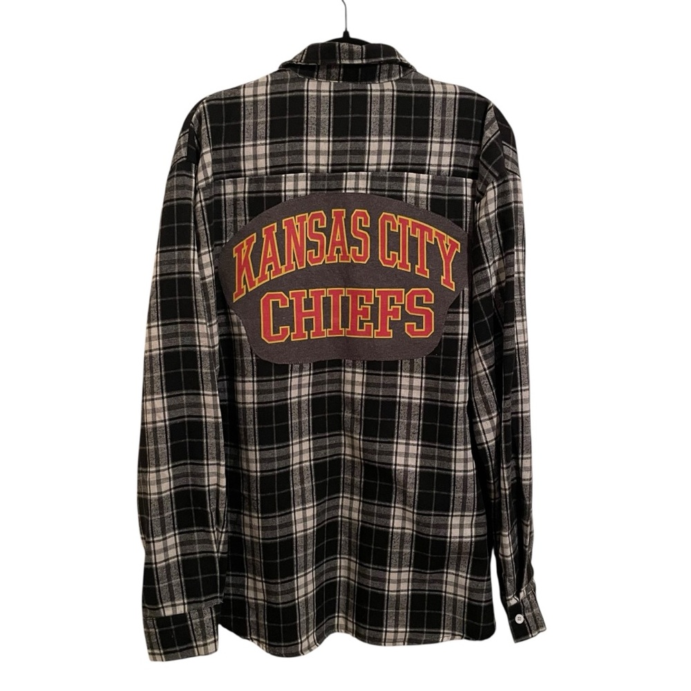 Upcycled Kansas City Chiefs Black Gray White Plaid Flannel Button Front Shirt XL
